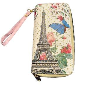 Paris Vegan Leather Wallet Eiffel Tower Butterfly Wrist Strap Wristlet Bling